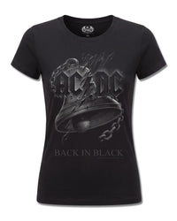 AC/DC Back In Black Torn (AC/DC) design, front view on Black F775, Rock Off Retail official merch
