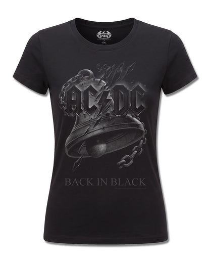 AC/DC Back In Black Torn (AC/DC) design, front view on Black F775, Rock Off Retail official merch