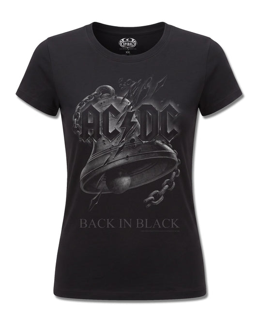AC/DC Back In Black Torn (AC/DC) design, front view on Black F775, Rock Off Retail official merch