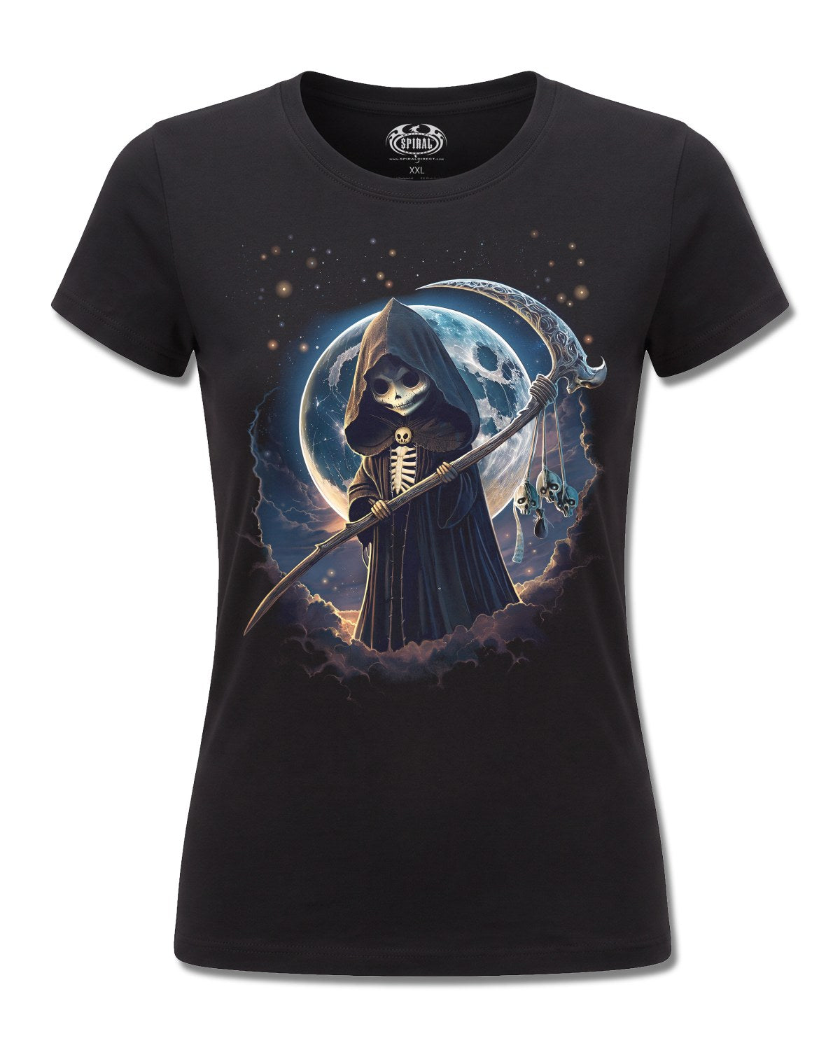 Spiral Reaperette design, front view on Black F775, Rock Off Retail official merch