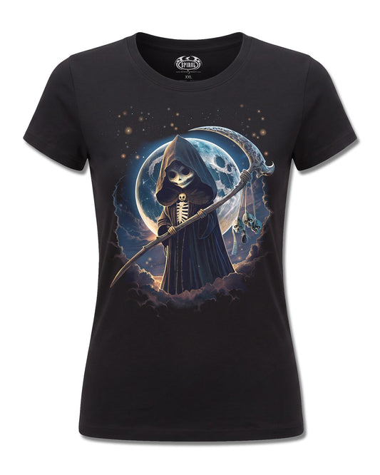 Spiral Reaperette design, front view on Black F775, Rock Off Retail official merch