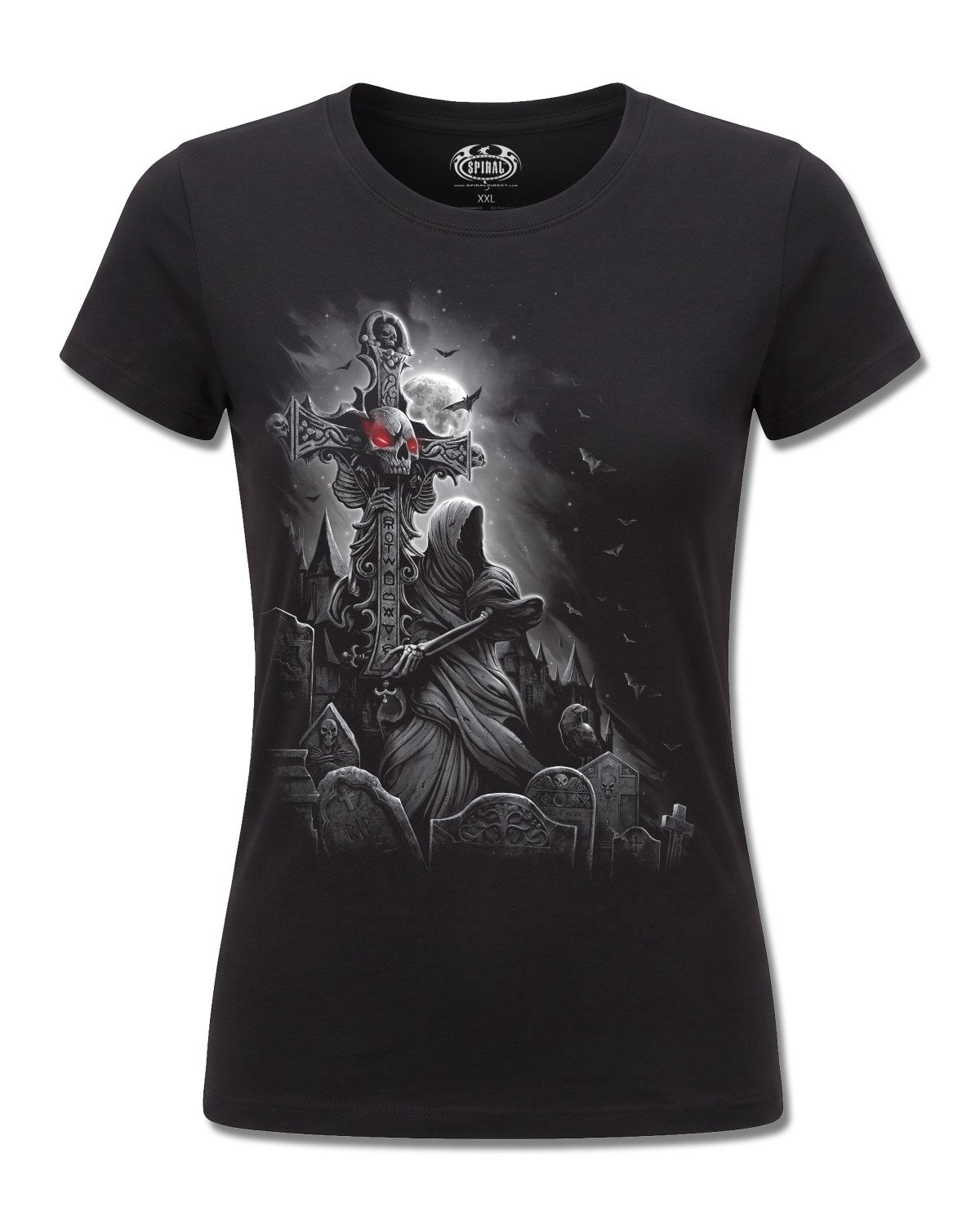 Spiral Grave Walker design, front view on Black F775, Rock Off Retail official merch