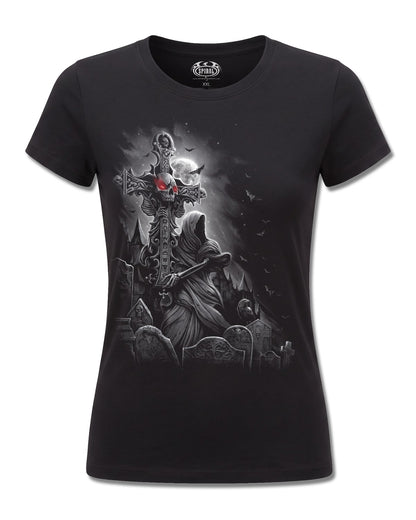 Spiral Grave Walker design, front view on Black F775, Rock Off Retail official merch