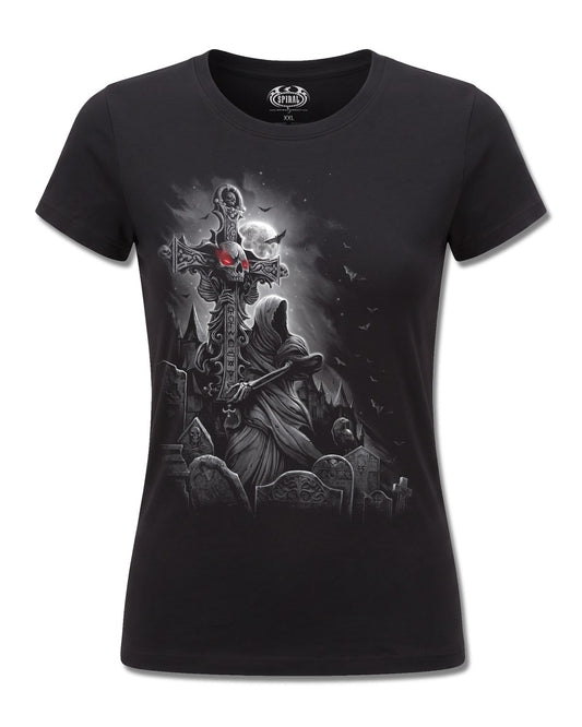 Spiral Grave Walker design, front view on Black F775, Rock Off Retail official merch