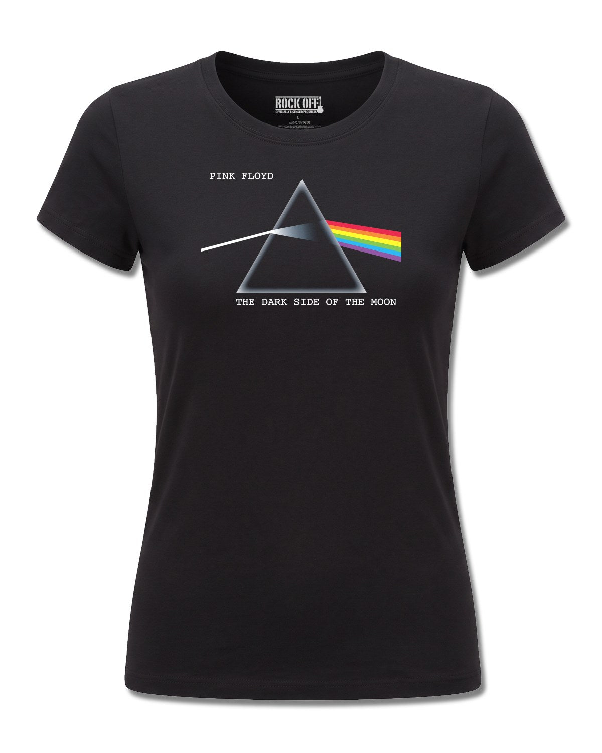 Pink Floyd Dark Side Of The Moon Courier (Pink Floyd) design, front view on Black F775, Rock Off Retail official merch