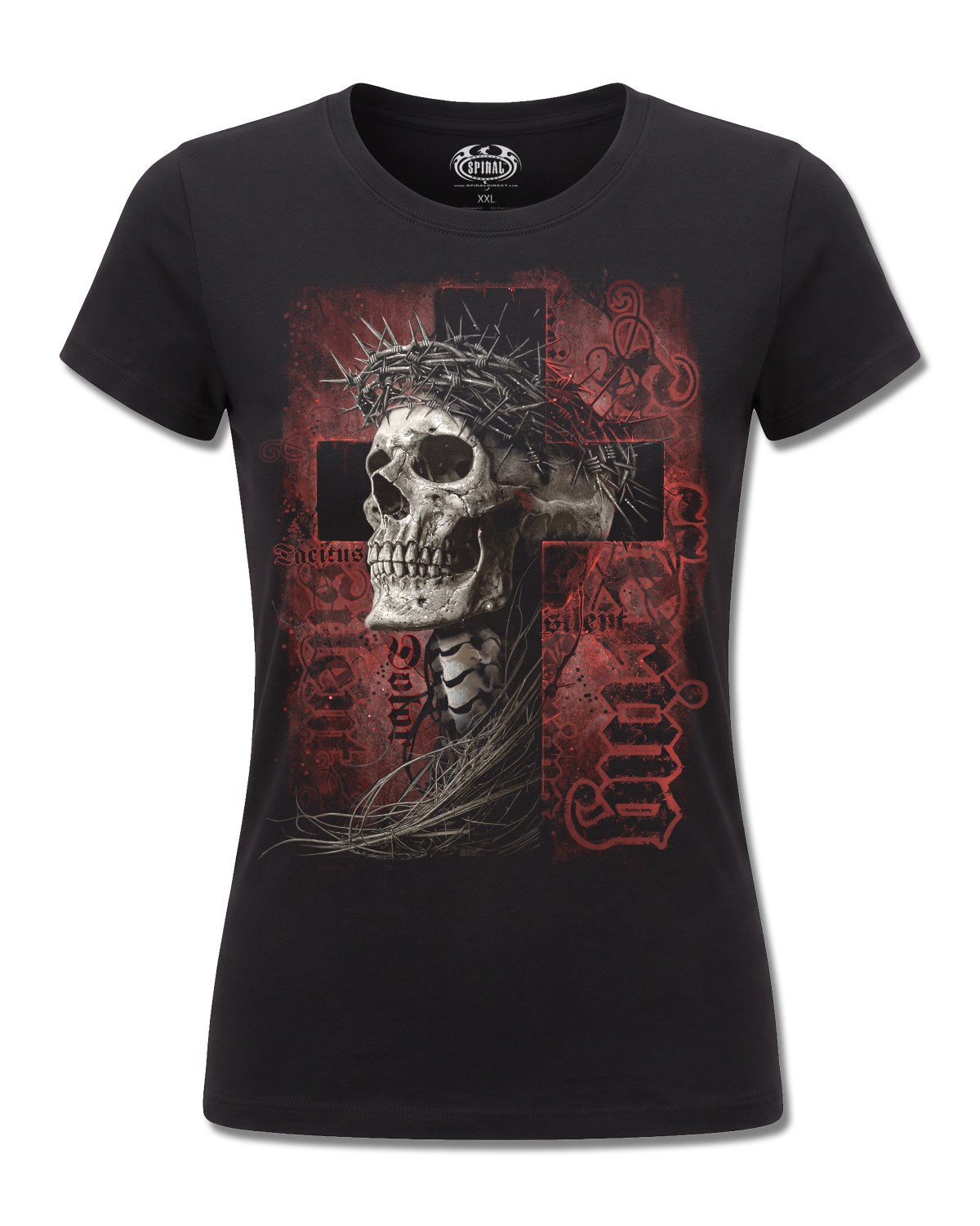 Spiral Silent Suffering design, front view on Black F775, Rock Off Retail official merch