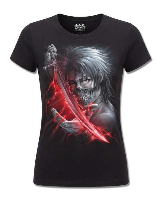 Spiral Aku No design, front view on Black F775, Rock Off Retail official merch