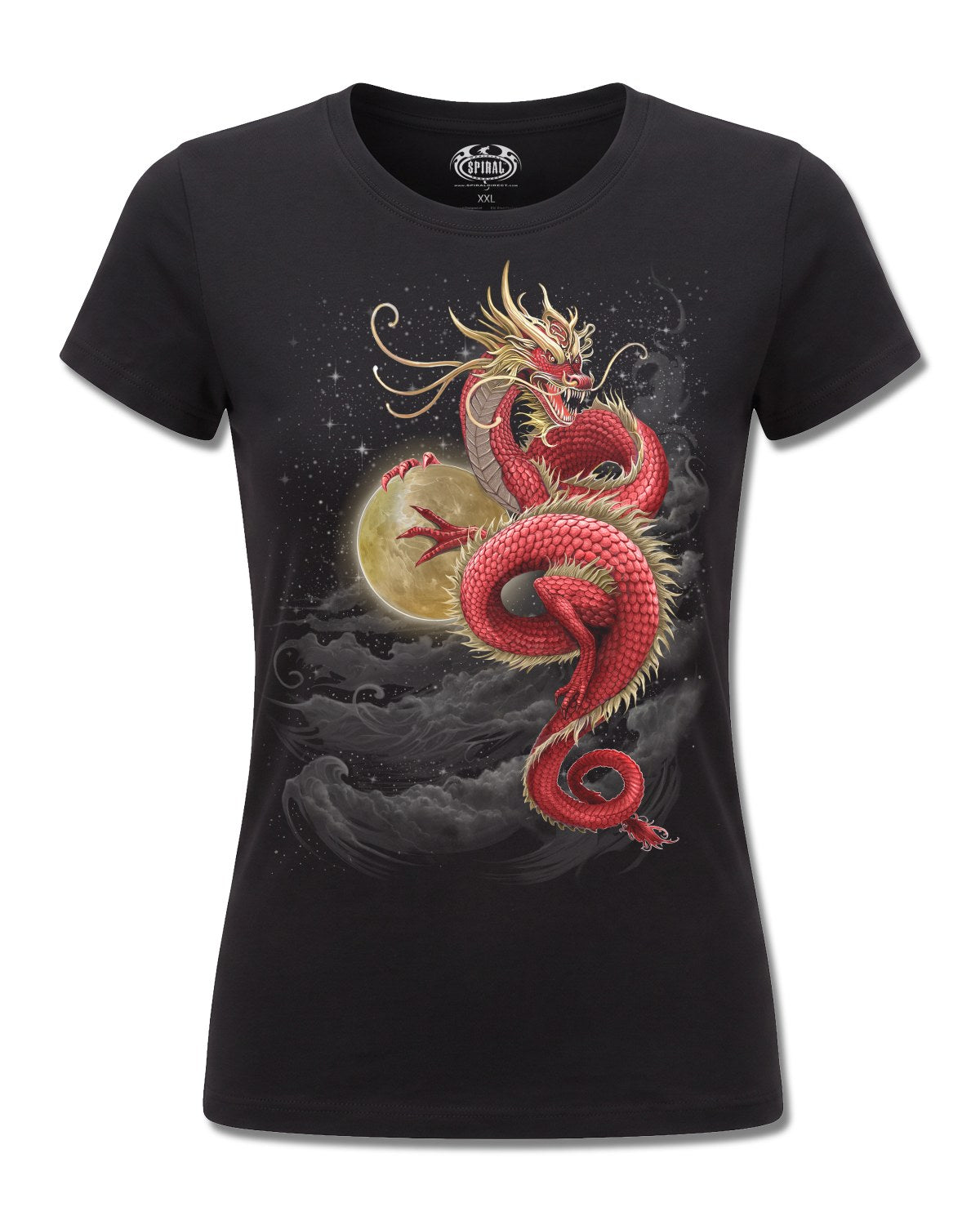 Spiral Shenlong design, front view on Black F775, Rock Off Retail official merch