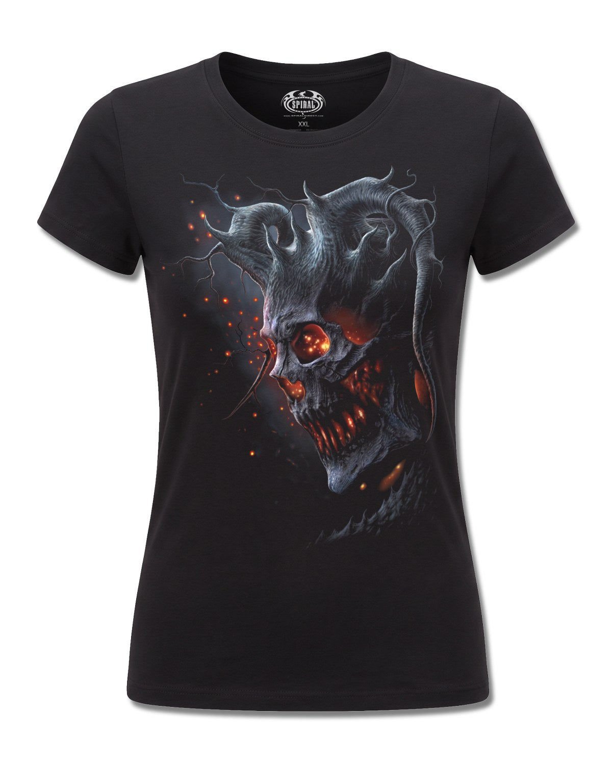 Spiral Death Embers design, front view on Black F775, Rock Off Retail official merch