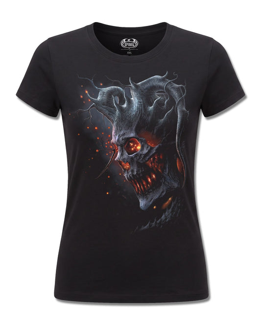 Spiral Death Embers design, front view on Black F775, Rock Off Retail official merch