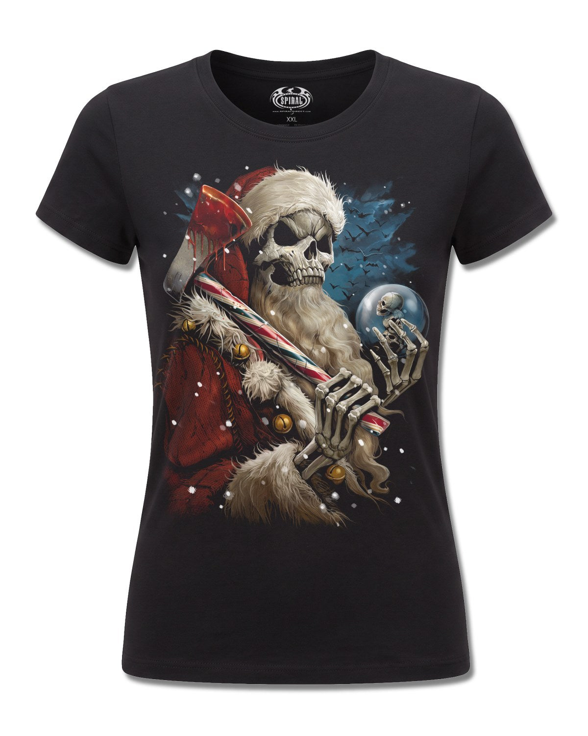 Spiral Candy Cane Santa design, front view on Black F775, Rock Off Retail official merch