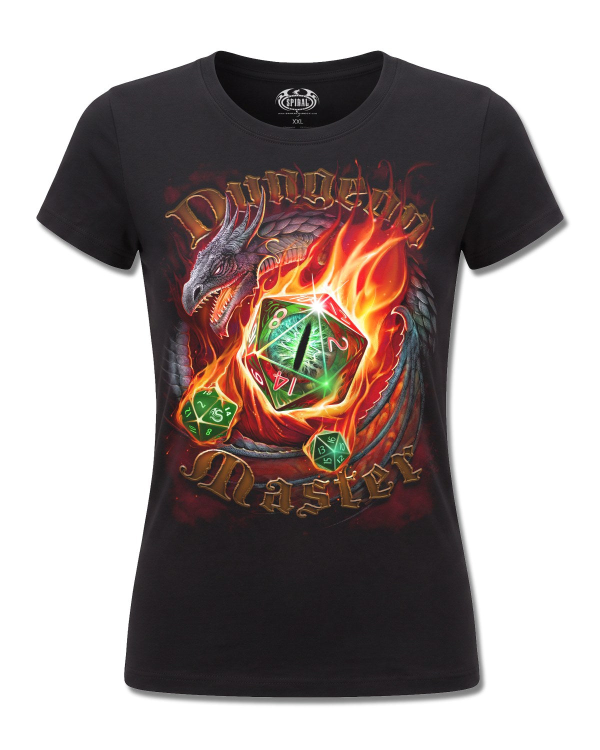 Spiral Dungeon Master design, front view on Black F775, Rock Off Retail official merch