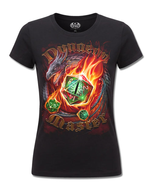 Spiral Dungeon Master design, front view on Black F775, Rock Off Retail official merch