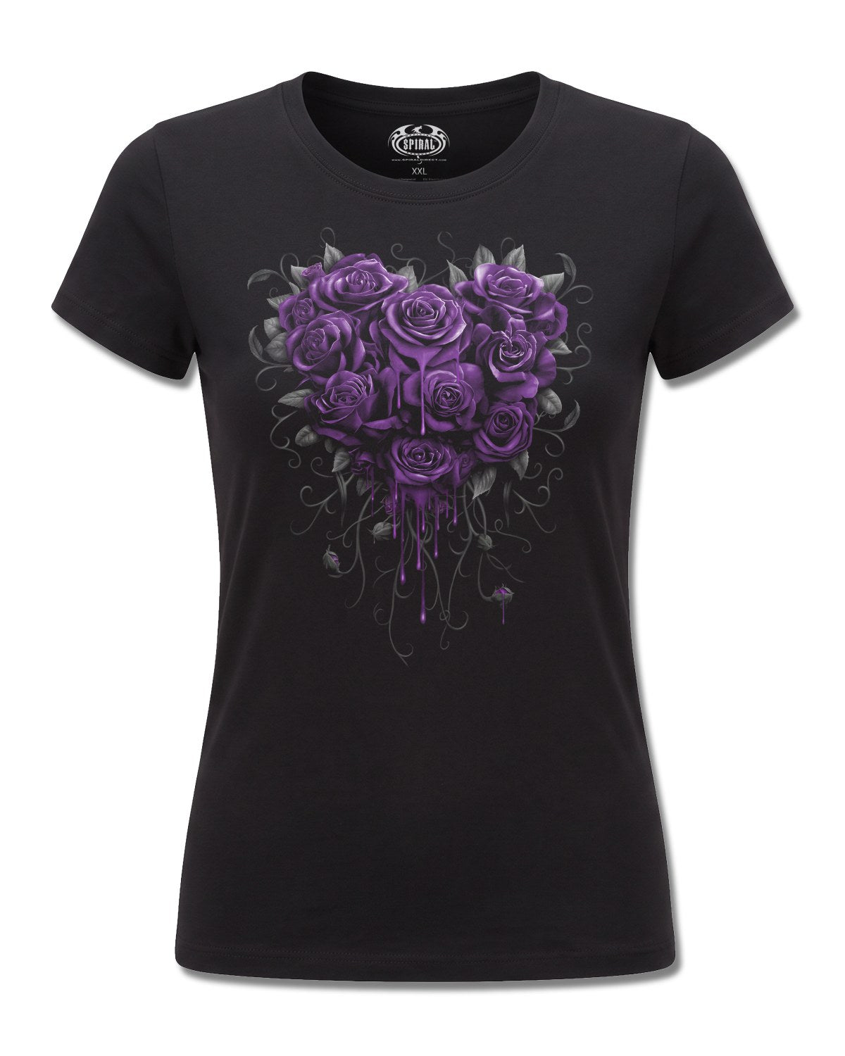 Spiral Bleeding Heart design, front view on Black F775, Rock Off Retail official merch