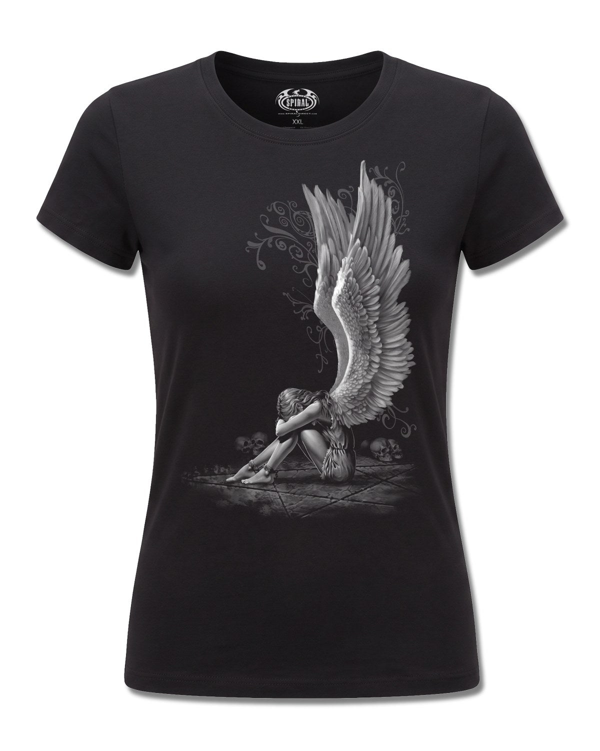 Spiral Enslaved Angel design, front view on Black F775, Rock Off Retail official merch
