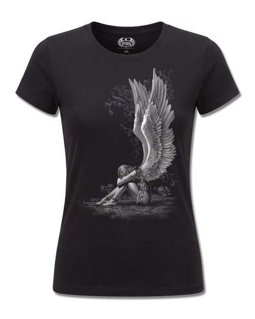 Spiral Enslaved Angel design, front view on Black F775, Rock Off Retail official merch