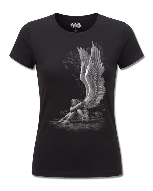 Spiral Enslaved Angel design, front view on Black F775, Rock Off Retail official merch