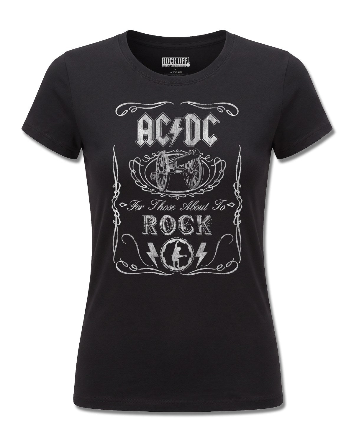 AC/DC Vintage Cannon Swig (AC/DC) design, front view on Black F775, Rock Off Retail official merch