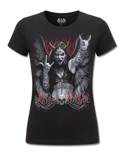 Spiral Rock Loud design, front view on Black F775, Rock Off Retail official merch