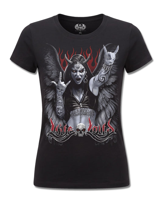 Spiral Rock Loud design, front view on Black F775, Rock Off Retail official merch