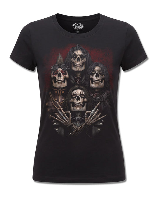 Spiral Faces Of Goth design, front view on Black F775, Rock Off Retail official merch