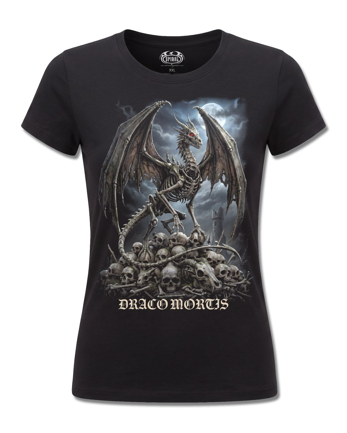 Spiral Draco Mortis design, front view on Black F775, Rock Off Retail official merch