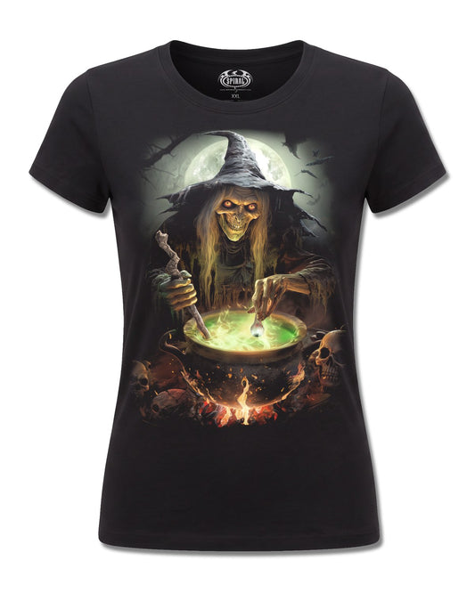 Spiral Witch's Brew design, front view on Black F775, Rock Off Retail official merch