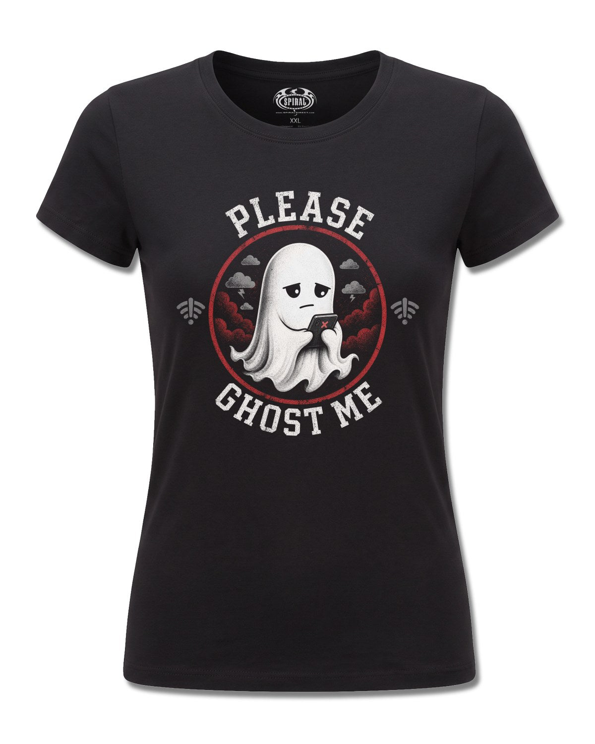 Spiral Ghost Me design, front view on Black F775, Rock Off Retail official merch