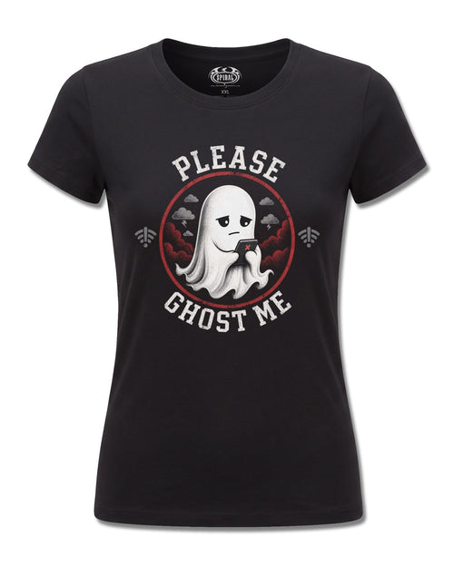 Spiral Ghost Me design, front view on Black F775, Rock Off Retail official merch