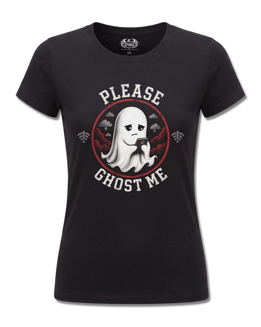 Spiral Ghost Me design, front view on Black F775, Rock Off Retail official merch