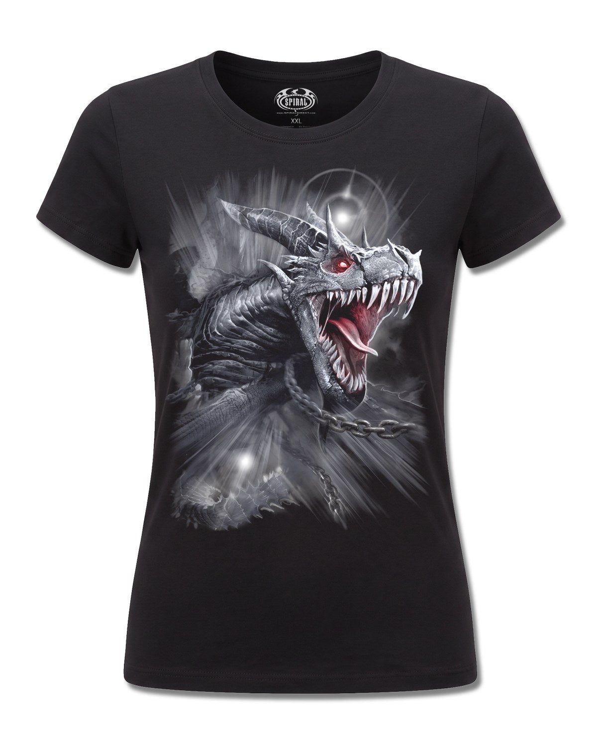 Spiral Dragon's Cry design, front view on Black F775, Rock Off Retail official merch