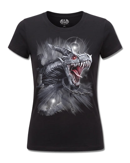Spiral Dragon's Cry design, front view on Black F775, Rock Off Retail official merch