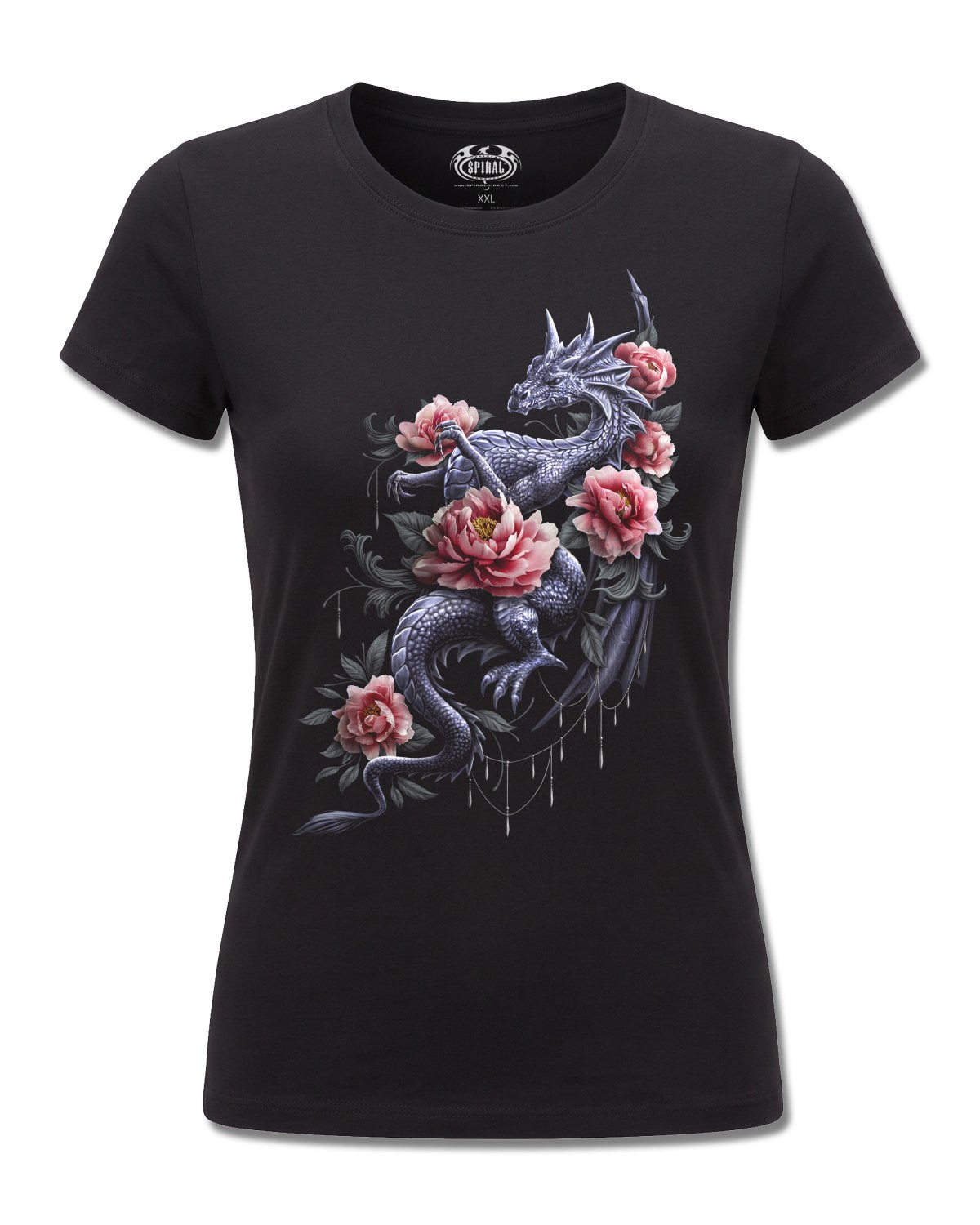 Spiral Dragon Rose Slant design, front view on Black F775, Rock Off Retail official merch
