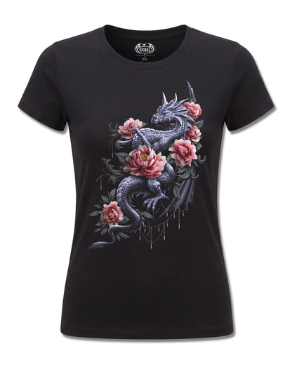 Spiral Dragon Rose Slant design, front view on Black F775, Rock Off Retail official merch