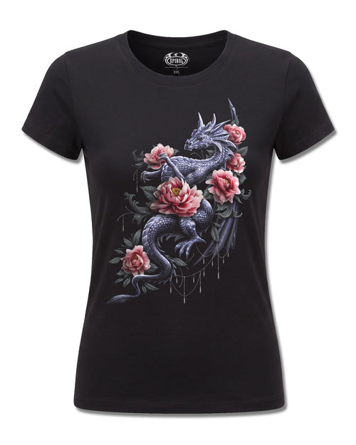 Spiral Dragon Rose Slant design, front view on Black F775, Rock Off Retail official merch