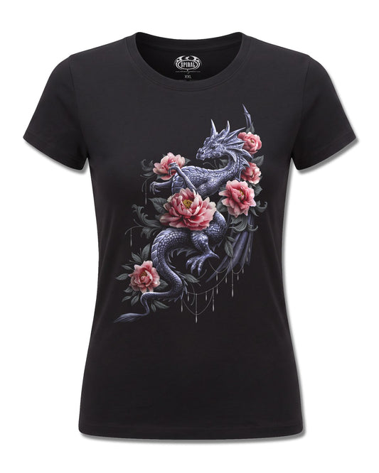 Spiral Dragon Rose Slant design, front view on Black F775, Rock Off Retail official merch