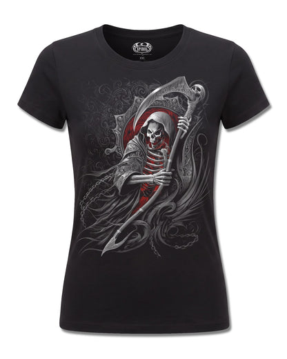 Spiral Reaper's Portal design, front view on Black F775, Rock Off Retail official merch