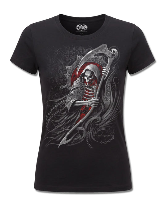 Spiral Reaper's Portal design, front view on Black F775, Rock Off Retail official merch
