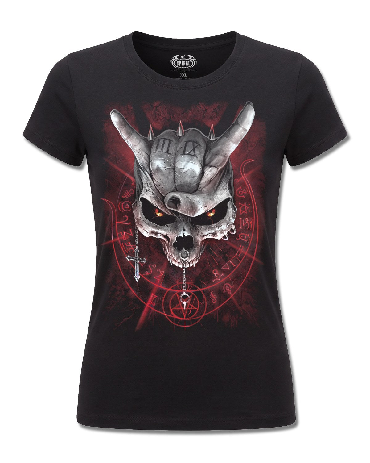 Spiral Never Too Loud design, front view on Black F775, Rock Off Retail official merch