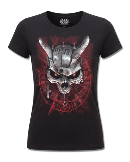 Spiral Never Too Loud design, front view on Black F775, Rock Off Retail official merch
