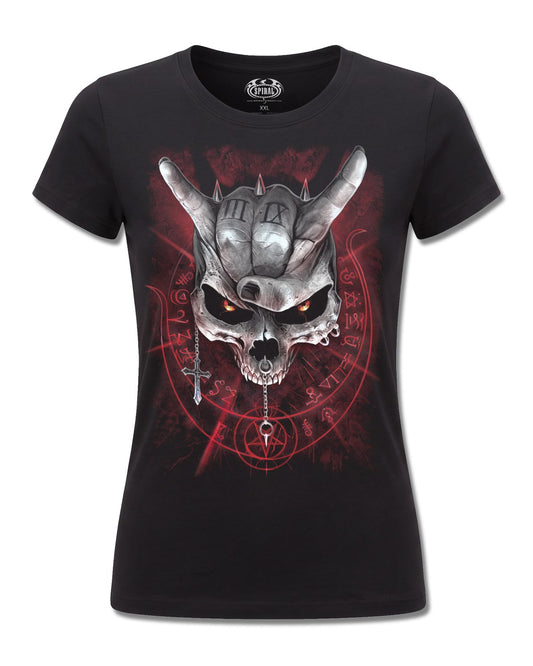 Spiral Never Too Loud design, front view on Black F775, Rock Off Retail official merch