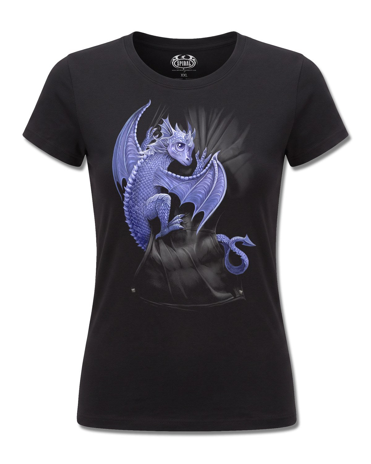 Spiral Pocket Dragon design, front view on Black F775, Rock Off Retail official merch