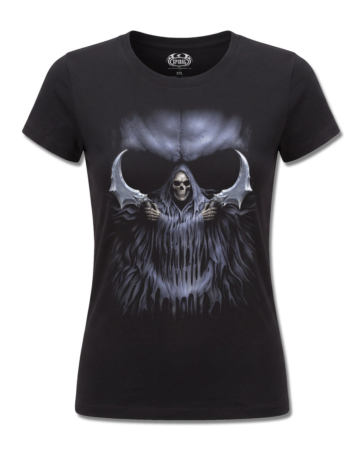 Spiral Double Death design, front view on Black F775, Rock Off Retail official merch