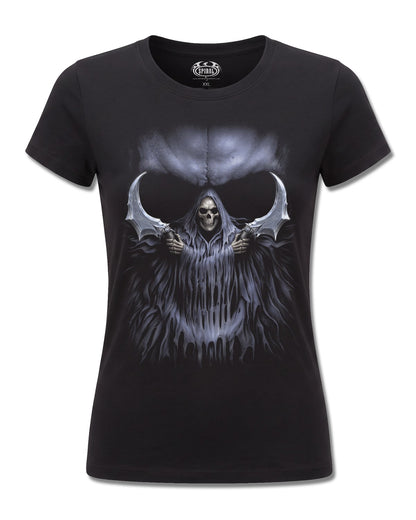 Spiral Double Death design, front view on Black F775, Rock Off Retail official merch