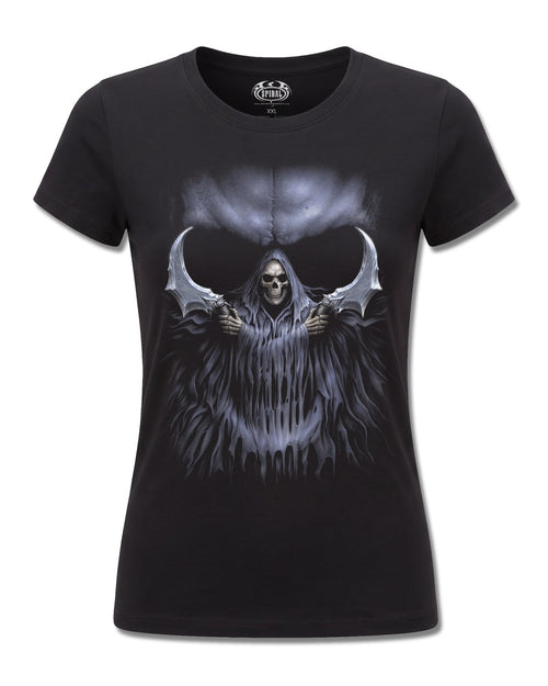 Spiral Double Death design, front view on Black F775, Rock Off Retail official merch