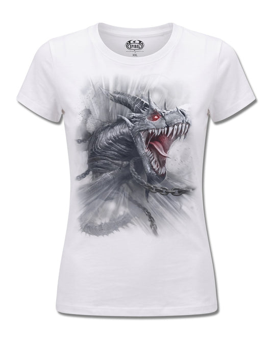 Spiral Dragon's Cry design, front view on White F776, Rock Off Retail official merch
