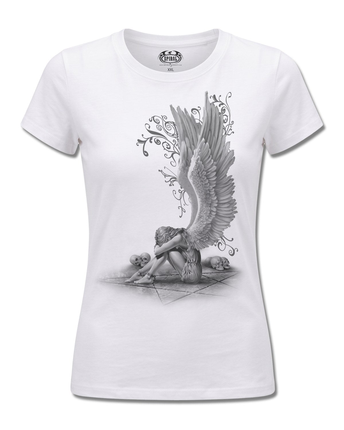 Spiral Enslaved Angel design, front view on White F776, Rock Off Retail official merch