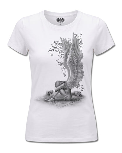 Spiral Enslaved Angel design, front view on White F776, Rock Off Retail official merch