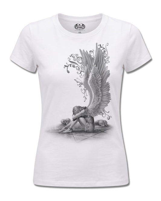 Spiral Enslaved Angel design, front view on White F776, Rock Off Retail official merch