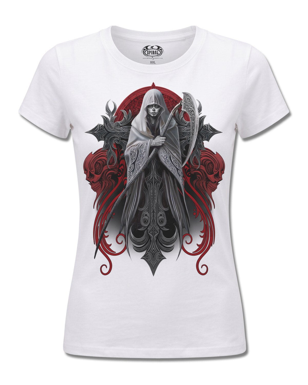 Spiral Reaperess design, front view on White F776, Rock Off Retail official merch